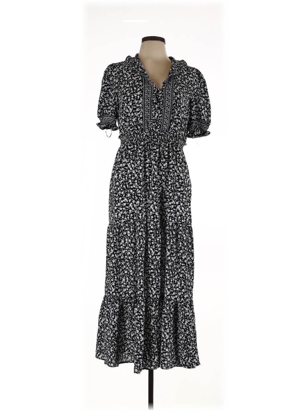 London Style Collection 10 Black Floral Tiered Maxi Dress with Smocked Waist